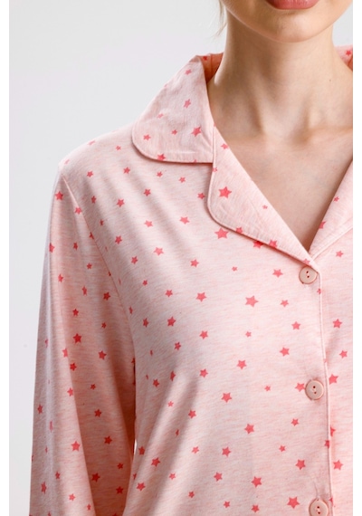 Yeni İnci Yıldız Desen Pamuk Kadın Pijama Takım Pembe