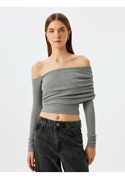 Koton Uzun Kollu Slim Fit Asimetrik Omzu Açık Madonna Yaka Crop Tişört Gri 5wak50098ek Gri