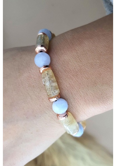 Sitrin Aquamarin Ve Hematit Taşlı El İşi Tasarım Doğal Taş Bileklik Gümüş