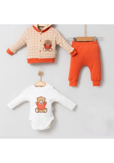 Candar 3-9 Ay Bear Çizgili Hırkalı 3'lü Bebek Takımı Kiremit Kiremit