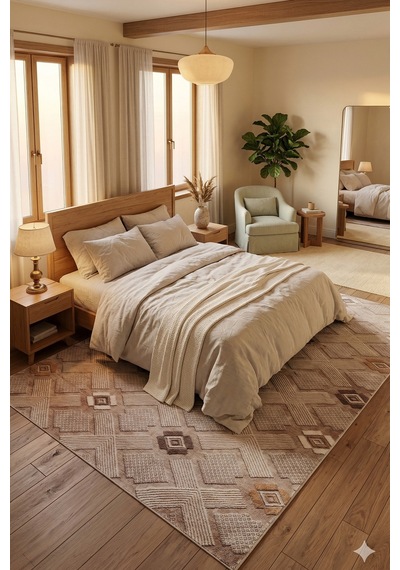 Villadia Home Textile Kaymaz Taban Modern Desen Halı Yolluk Leke Tutmaz Kolay Temizlenir Koridor Salon Yatak Mutfak Odası Vd4047vizon Vizon