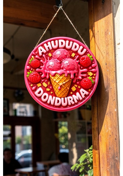 Ahududu Dondurma Görselli İpli Ahşap Kapı Ve Duvar Süsü, Cafe, Dondurmacı Tabelası, Tatlıcı Dekoru