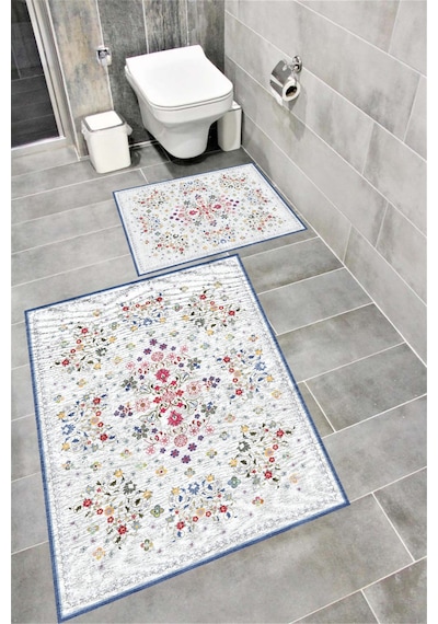 Buççin Online Mağaza Kaymaz Tabanlı Suya Dayanıklı Dijital Baskılı Banyo Paspası Takımı Bordo Halı 1614 Polyester Orta Çok Renkli