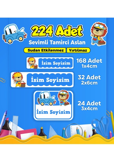 Tamirci Aslan Temalı Okul Kreş Kişiye Özel İsim Etiket Seti - Model 266 Çok Renkli