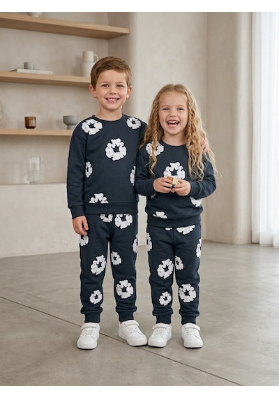 Mavi Boncukk Kız Erkek Çocuk Unisex Çiçek Desenli Sweatshirt Ve Eşofman Altı 2 Li Takım Antrasit