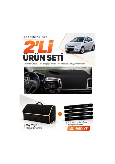 Hyundai İ20 2008-2014 Uyumlu Torpido Örtüsü + Tay Tüyü Bagaj Çantası + Sticker Seti - Siyah Bej