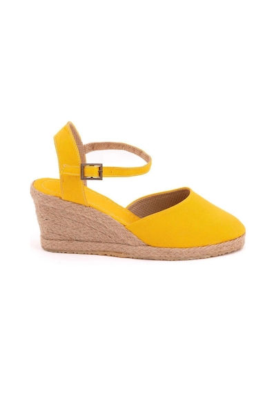 Gerçek Elişi Topuğu Açık Bilekten Bantlı Dolgu Topuk Keten Hasır Espadril Handmade Sarı