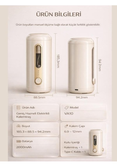 Va10 Bej Şarjlı Otomatik Elektrikli Kalemtıraş 2000mah 5 Kademe Uç Ayarlı, 6.9-12mm Jumbo Uyumlu, Type-c, Geniş Hazneli