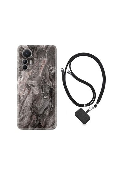 Xiaomi 12 Lite Kılıf İpli Boyun Askılı Desenli Silikon Gri Mermer 1376