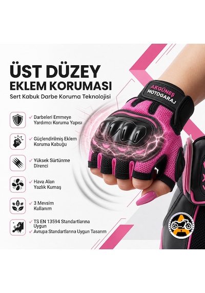 Akgüneş Motogaraj Pembe Motosiklet Eldiveni Yazlık Hava Alan Korumalı Dokunmatik Uyumlu Kadın Motosiklet Eldiveni