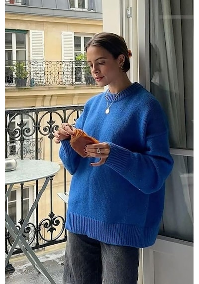 Madmext Saks Bisiklet Yaka Oversize Triko Kazak Mg1972 Saks