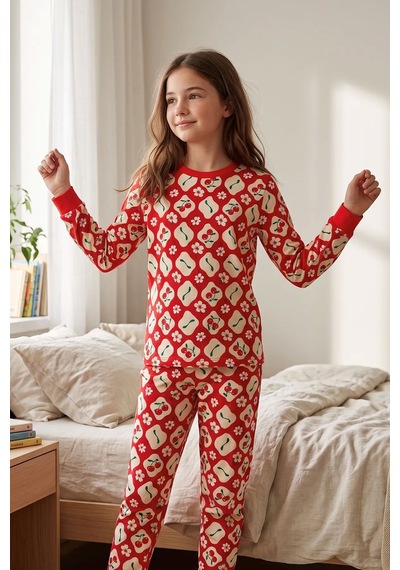 Zuzunga Kız Çocuk Kiraz Ve Papatya Desenli Kırmızı Uzun Kollu Alt Üst Pijama Takımı