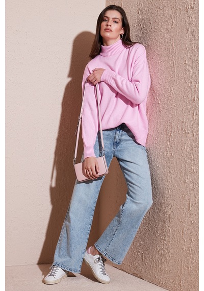Lela Premium Oversize Fit Balıkçı Yaka Yumuşak Dokulu Triko Bayan Kazak 680Kz00469 Şeker Pembe