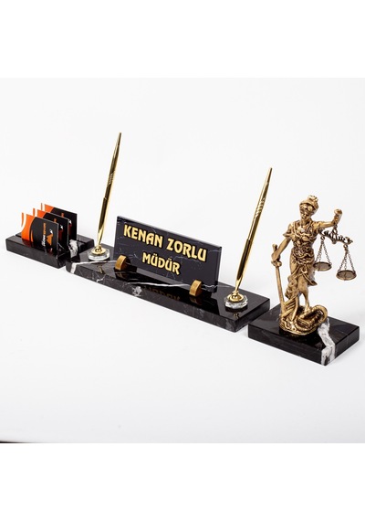 Themis Heykelli 3lü Mermer İsimlik Seti Avukat Ofis Masa İsimliği
