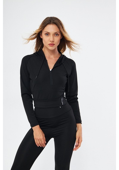 Lesa Wear Fitilli Kapüşonlu Içi Polarlı Yumuşacık Şardonlu Kaşkorse Crop Sweatshirt Hırka Siyah