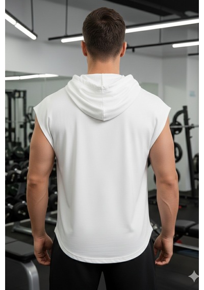 Tarz Cool Erkek Oversize Kolsuz Kapüşonlu Atlet Beyaz