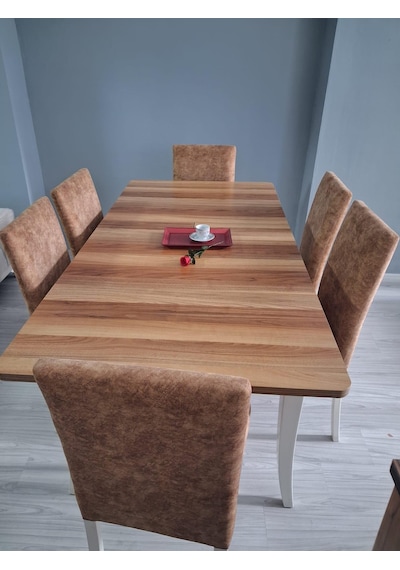 Masa Sandalye Mizan 90656 Ceviz Tabla Kırık Beyaz Ayak 6 Adet Sandalye Ahşap  -  Beyaz