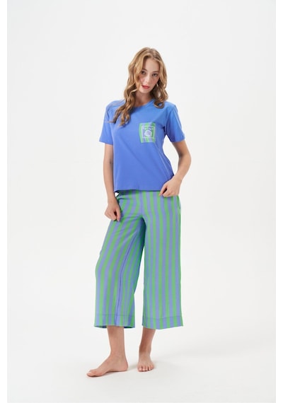 Relax Mode Kadın Çizgili Pantolonlu Kısa Kollu Pijama Takımı - 29044r Yeşil