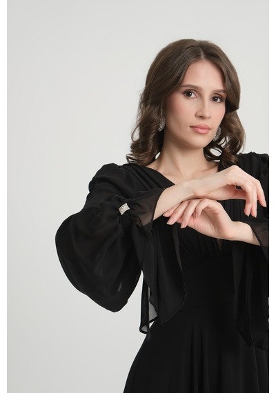 Livanomi Kolları Taşlı Siyah Abiye Elbise-siyah
