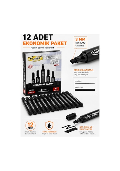 Mavi Permanent Marker Koli Kalemi 12 Li Paket 3 Mm Kesik Uç Siyah