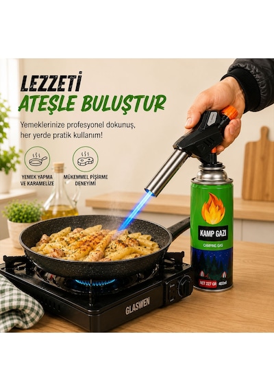 2+1 Çakmaklı Pürmüz Yedek Kartuşu Kamp Gazı 400 Ml Piknik Kamp Mangal Mutfak Ateş Tutuşturucu Yeşil