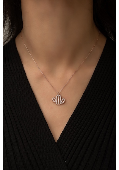 Kaktüs Kolye Nano Zikon Taşlı Rose Gold Kaplama 925 Ayar Gümüş Kolye