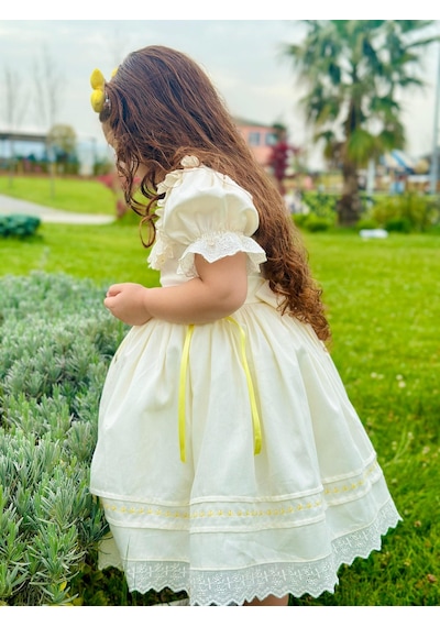 H L Y Karol Tasarım Sarı Kurdaleli Vintage Kız Bebek Elbise,doğum Günü Elbise,fotoğraf Çekim Elbise,0-12 Yaş Uygun KREM