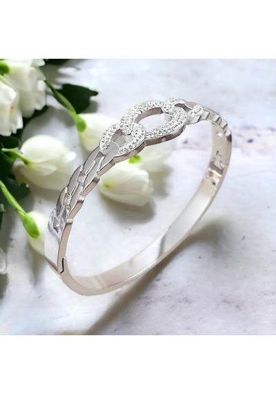 Modern Zirkon Taşlı Çelik Kelepçe Bileklik - Kararmaz Gold Kaplama Gümüş
