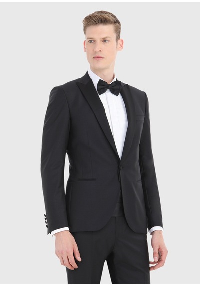 Ramsey Siyah Düz Fashion Slim Fit Kruvaze Yaka Dokuma Smokin Takım Elbise