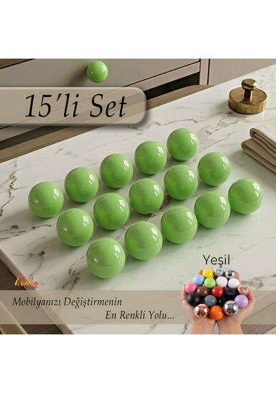 15 Adet Sert Plastik Düğme Yuvarlak Top Yeşil Dolap Mobilya Mutfak Dolabı Çekmece Kulbu Kulpu Kulplar
