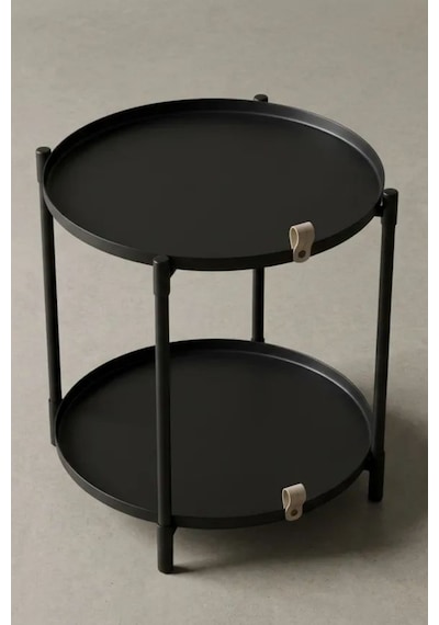 Çift Tepsili Katlanır Orta Yan Yuvarlak Sehpa Metal Ayak - Modern Sehpa 50cm 44 Cm Tepsi Deri Kulplu Mat Siyah