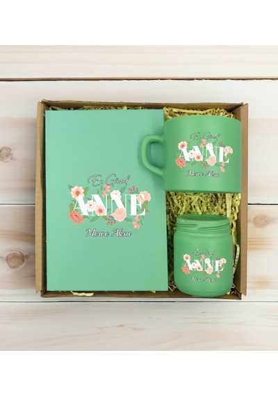 Bk Gift Kişiye Özel İsimli Dtf Anne Temalı Yeşil Defter & Kahve Fincanı & Mum Hediye Seti-4, Anneye Hediye, Anneler Günü Hediyesi Kobitmeyencom30828 B