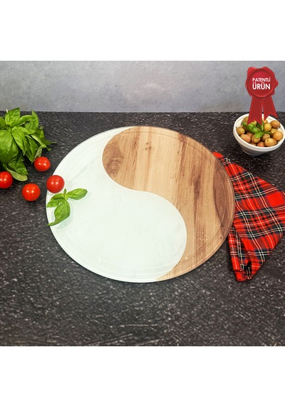 Kanallı Cam Kesme Tahtası - Yin Yang - Çap32cm - Patentli Ürün