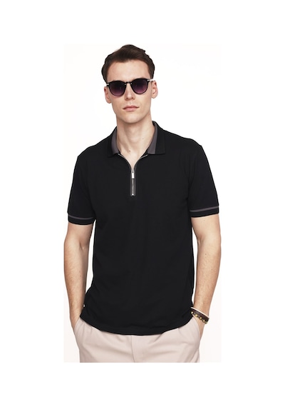 Tudors Erkek Polo Yaka Slim Fit Pamuk Fermuarlı Pike Siyah Tişört 27140 Siyah