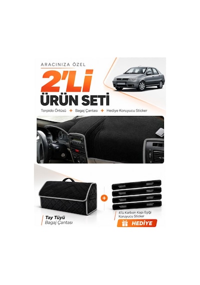 Fıat Albea 2005-2012 Uyumlu Torpido Örtüsü + Tay Tüyü Bagaj Çantası + Sticker Seti - Siyah Gri