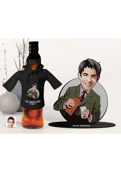 Bk Gift Kişiye Özel Karikatürlü 3d Ahşap Biblo Ve Siyah Mini İçki Şişesi Tişörtü Hediye Seti, Arkadaşa Hediye, Sevgiliye Hediye-5 24887211