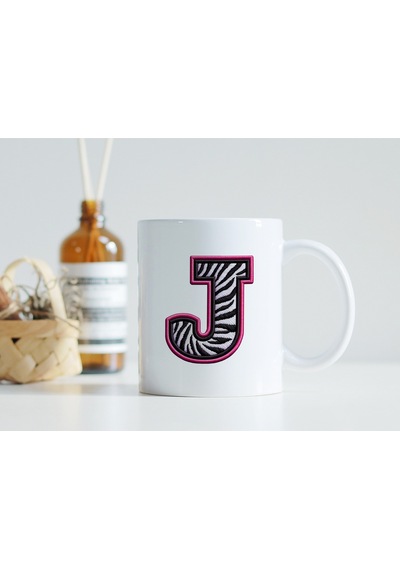 J Harfi Zebra Deseni Ve Pembe Kenarlı Kupa Bardak - Kişiye Özel Nakış Efektli - Siyah Beyaz Pembe Beyaz