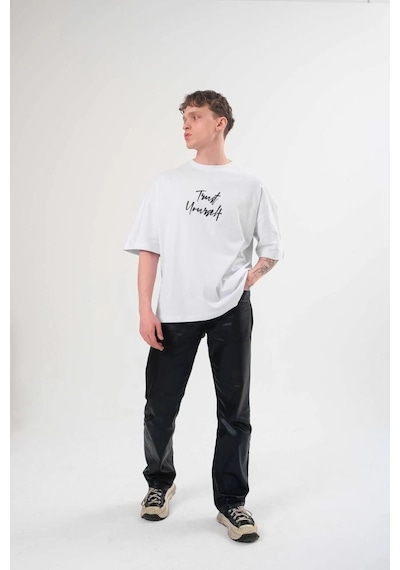 Ertaştrendstore Erkek Bisiklet Yaka Baskılı Kısa Kol T-shirt - Beyaz Çok Renk