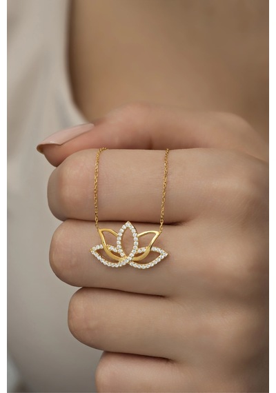 Nereze 925 Ayar Gümüş Gold Zirkon Taşlı Lotus Çiçeği Kolye
