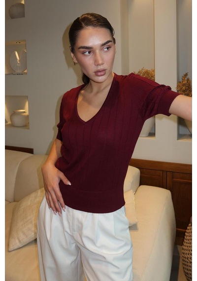 Bordo V Yaka Örgülü Kadın Triko Tişört Mg2369 Bordo