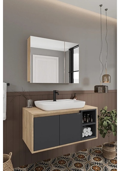 Lale 90 Cm %100 Mdf Lavabolu Banyo Dolabı + Aynalı Dolap Antrasit