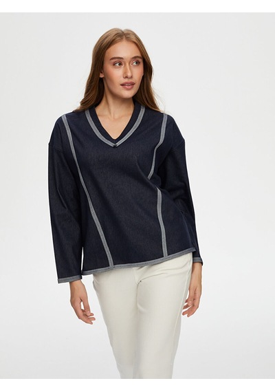 Faik Sönmez V Yaka Ters Dikiş Detaylı Sweatshirt W26swt002 Uw26swt00227 İndigo