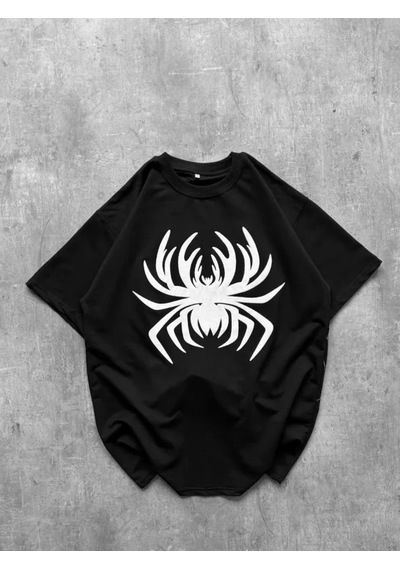 Efnaz Style Erkek Örümcek Baskılı Tişört Kısa Kollu Bisiklet Yaka T-shirt - Siyah