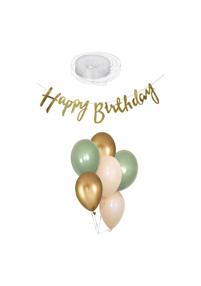 7 Küf Yeşili 3 Krom Gold 3 Kum Rengi Pastel Balon Gold Happy Birthday Banner Mini Zincir Balon Seti