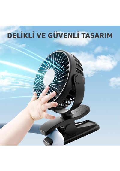 Robeve Şarjlı Usb Mini Klipsli Vantilatör Fan - 3 Kademeli - 360 Hareketli - Bebek Arabası, Ofis, Masaüstü, Kamp