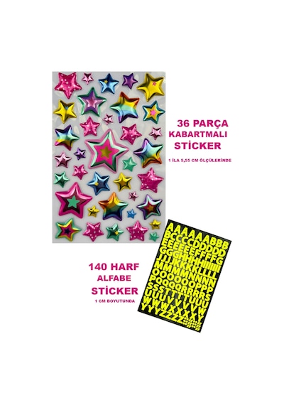 3d Yıldızlar 36 Parça Sticker Seti Ve 140 Harf Çıkartma Seti Pembe