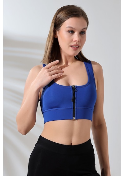 EMFURE Saks Fermuarlı Spor Büstiyer - Sports Bra / Crop Destekli Spor Sütyeni Saks