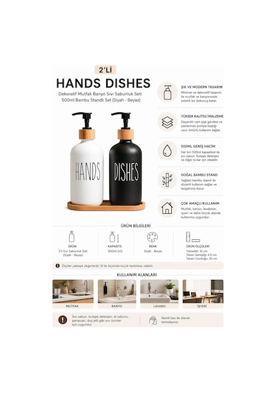 2 Li Hands Dishes Siyah Beyaz Cam Sıvı Sabunluk Seti 500 Ml, Bambu Standlı Dekoratif Mutfak &am Beyaz,siyah
