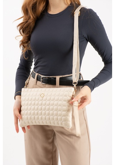 Sanmorris Kadın Suni Deri Krem Renkli Ayarlanabilir Çapraz Ve El Askılı Portföy, Clutch Çanta Krem
