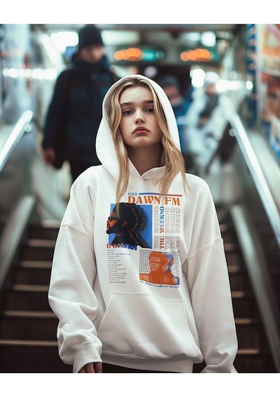 The Weeknd 103.5 Dawn Fm Baskılı Unisex Oversize Rapper Hoodie Beyaz